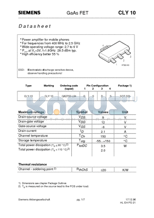 CLY10 datasheet - GaAs FET (Power amplifier for mobile phones For frequencies from 400 MHz to 2.5 GHz)