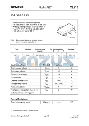 CLY5 datasheet - GaAs FET (Power amplifier for mobile phones For frequencies from 400 MHz to 2.5 GHz)