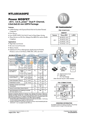 NTLUD3A50PZTBG datasheet - 20 V, 5.6 A, Cool Dual PChannel, 2.0x2.0x0.55 mm UDFN Package