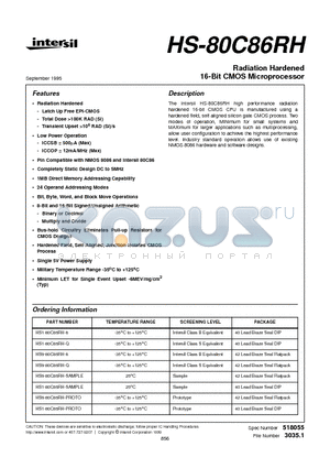 HS1-80C86RH-8 datasheet - Radiation Hardened 16-Bit CMOS Microprocessor