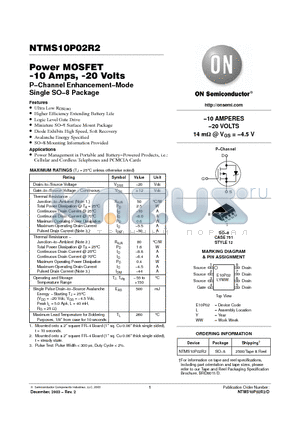 NTMS10P02R2 datasheet - Power MOSFET -10 Amps, -20 Volts P−Channel Enhancement−Mode Single SO−8 Package