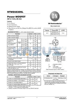 NTMS5838NL datasheet - Power MOSFET 40 V, 7.5 A, 25 m These Devices are PbFree, Halogen Free/BFR