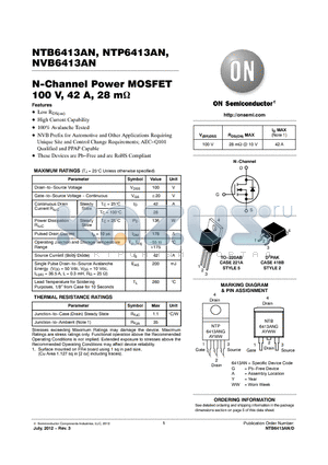 NTP6413ANG datasheet - N-Channel Power MOSFET 100 V, 42 A, 28 m
