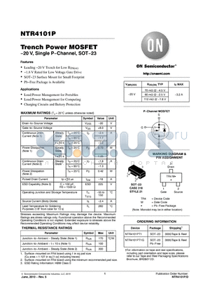 NTR4101PT1 datasheet - Trench Power MOSFET −20 V, Single P−Channel, SOT−23