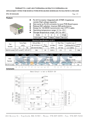NU1S114-434 datasheet - SINGLE RJ45 CONNECTOR MODULE WITH INTEGRATED 10/100 BASE-TX MAGNETICS AND LEDS