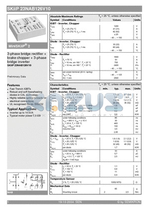 SKIIP23NAB126V10 datasheet - 3-phase bridge rectifier  brake chopper  3-phase bridge inverter