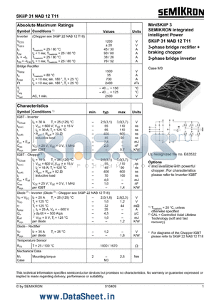 SKIIP31NAB12T11 datasheet - 3-phase bridge rectifier  braking chopper  3-phase bridge inverter