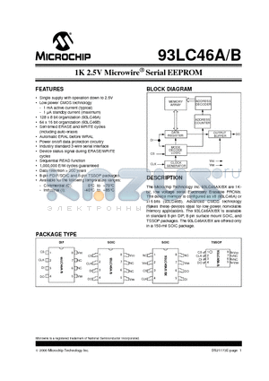 93LC46A datasheet - 1K 2.5V Microwire Serial EEPROM
