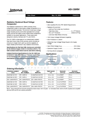 HS9-139RH/PROTO datasheet - Radiation Hardened Quad Voltage Comparator