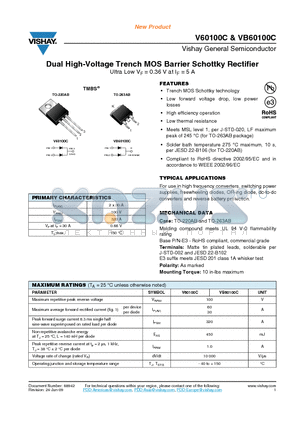 VB60100C-E3/4W datasheet - Dual High-Voltage Trench MOS Barrier Schottky Rectifier