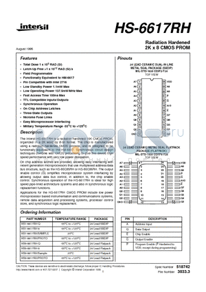 HS9-6617RH-8 datasheet - Radiation Hardened 2K x 8 CMOS PROM