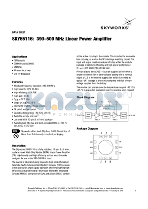 SKY65116 datasheet - 390-500 MHz Linear Power Amplifier