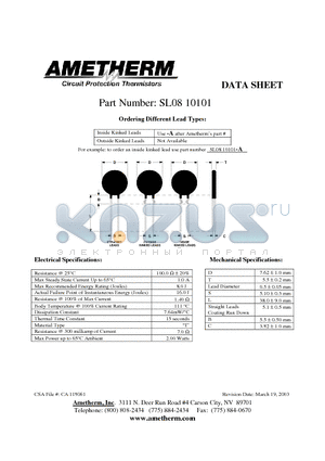 SL0810101 datasheet - Inside Kinked Leads Use -A after Ametherms part # Outside Kinked Leads Not Available