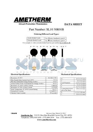 SL1030R01B datasheet - Inside Kinked Leads Use -A after Ametherms part # Outside Kinked Leads Use -B after Ametherms part #