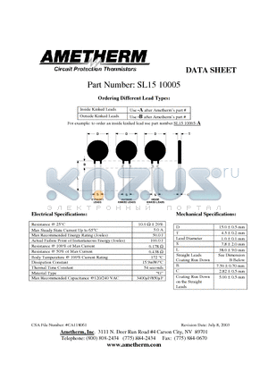 SL1510005 datasheet - Circuit Protection Thermistors