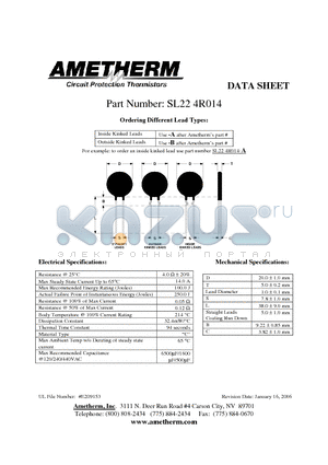 SL224R014 datasheet - Inside Kinked Leads Use -A after Ametherms part # Outside Kinked Leads Use -B after Ametherms part #