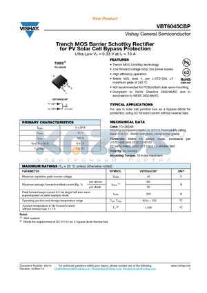 VBT6045CBP-E3 datasheet - Trench MOS Barrier Schottky Rectifier for PV Solar Cell Bypass Protection