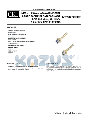 NX5312EK-AZ datasheet - NECs 1310 nm InGaAsP MQW FP LASER DIODE IN CAN PACKAGE FOR 155 Mb/s, 622 Mb/s, 1.25 Gb/s APPLICATIONS