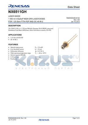 NX6511GH datasheet - LASER DIODE 1 550 nm InGaAsP MQW-DFB LASER DIODE FOR 1.25 Gb/s FTTH P2P AND OC-48 IR-2