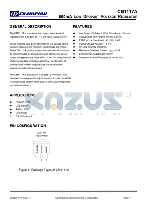 CM1117AKCM89 datasheet - 600mA LOW DROPOUT VOLTAGE REGULATOR