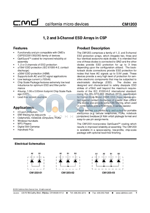 CM1203 datasheet - 1, 2 and 3-Channel ESD Arrays in CSP