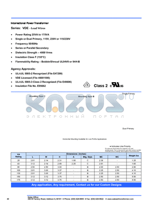 VDE2-80L-230 datasheet - International Power Transformer