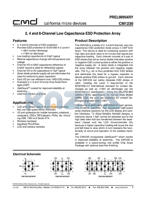 CM1230 datasheet - 2, 4 and 8-Channel Low Capacitance ESD Protection Array