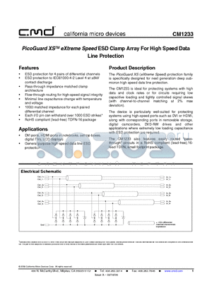 CM1233 datasheet - PicoGuard XSTM eXtreme Speed ESD Clamp Array For High Speed Data Line Protection