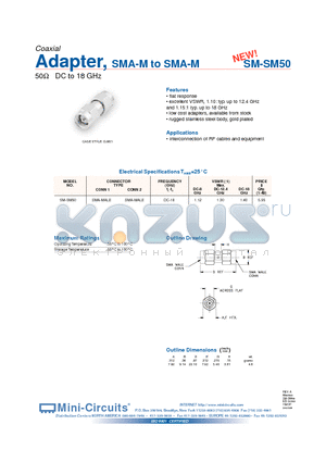 SM-SM50 datasheet - Adapter, SMA-M to SMA-M 50W DC to 18 GHz