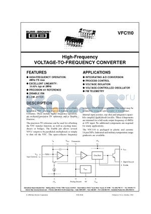 VFC110AG datasheet - High-Frequency VOLTAGE-TO-FREQUENCY CONVERTER