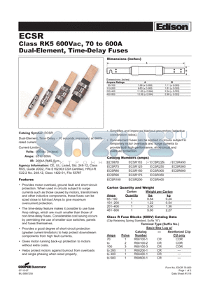 ECSR225 datasheet - Class RK5 600Vac, 70 to 600A Dual-Element, Time-Delay Fuses