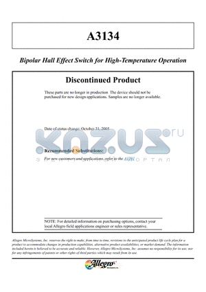 A3134ELT datasheet - BIPOLAR HALL-EFFECT SWITCH FOR HIGH-TEMPERATURE OPERATION