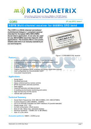 COR3-869.2125-5-H datasheet - NBFM Multi-channel receiver for 868MHz SRD band