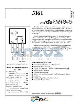 A3161 datasheet - HALL-EFFECT SWITCH FOR 2-WIRE APPLICATIONS