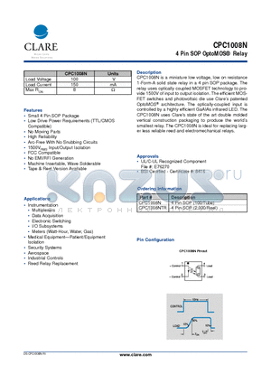CPC1008N datasheet - 4 Pin SOP OptoMOS Relay