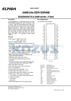EDD2504AKTA-E datasheet - 256M bits DDR SDRAM (64M words x 4 bits)