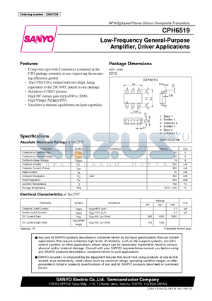 CPH6519 datasheet - NPN Epitaxial Planar Silicon Composite Transistors Low-Frequency General-Purpose Amplifier, Driver Applications