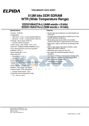 EDD5108AGTA-5CLI-E datasheet - 512M bits DDR SDRAM WTR (Wide Temperature Range)