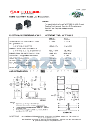 SM540-1 datasheet - ADSL Line Transformers