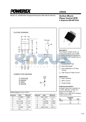 CR5AS600-12 datasheet - Surface Mount, Phase Control SCR 5 Amperes/400-600 Volts