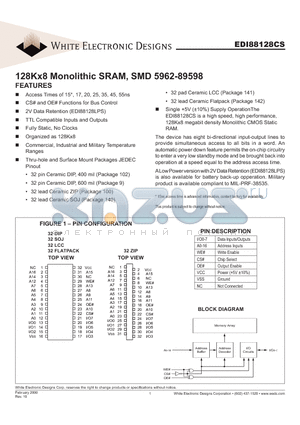 EDI88128CDXCI datasheet - 128Kx8 Monolithic SRAM, SMD 5962-89598