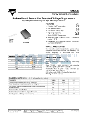 SM5A27 datasheet - Surface Mount Automotive Transient Voltage Suppressors