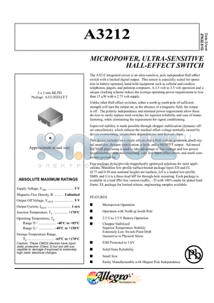 A3212 datasheet - MICROPOWER, ULTRA-SENSITIVE HALL-EF FECT SWITCH