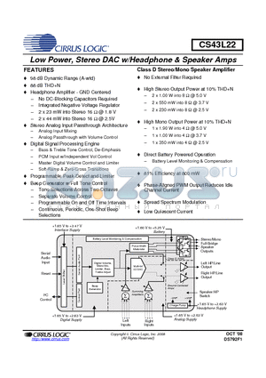 CS43L22-CNZR datasheet - Low Power, Stereo DAC w/Headphone & Speaker Amps