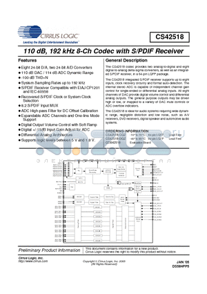 CS42518-CQZ datasheet - 110 dB, 192 kHz 8-Ch Codec with S/PDIF Receiver