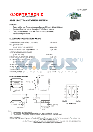 SM75726 datasheet - ADSL LINE TRANSFORMER