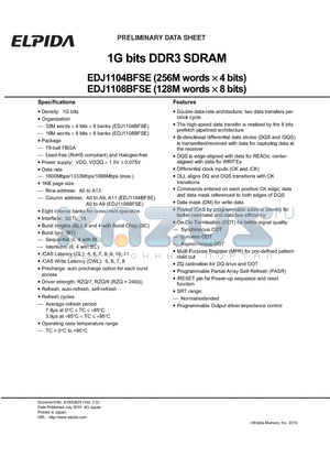 EDJ1104BFSE-GN-F datasheet - 1G bits DDR3 SDRAM