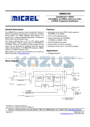 SM802105 datasheet - ClockWork 10GbE (156.25MHz, 312.5MHz), Ultra-Low Jitter, LVPECL Frequency Synthesizer