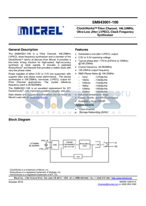 SM843001-106KATR datasheet - ClockWorks Fibre Channel, 106.25MHz, Ultra-Low Jitter LVPECL Clock Frequency Synthesizer