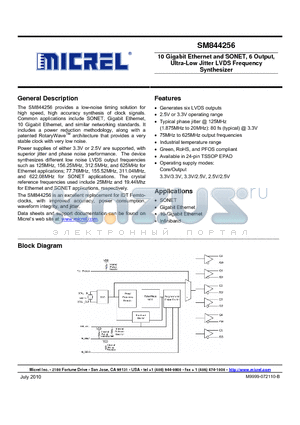 SM844256KA datasheet - 10 Gigabit Ethernet and SONET, 6 Output, Ultra-Low Jitter LVDS Frequency Synthesizer